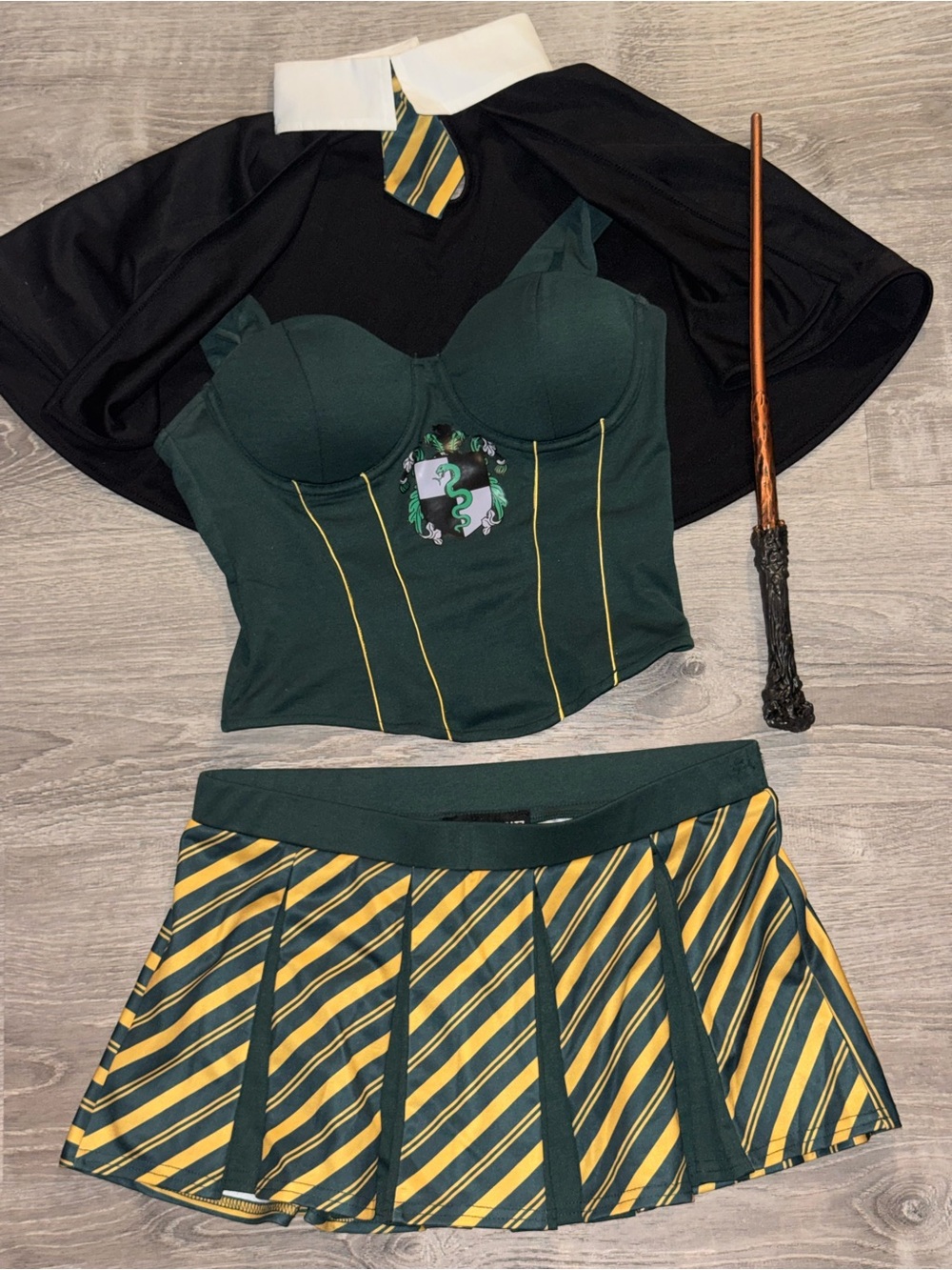 Dolls Kill Dark Green & Yellow Striped Bustier and Pleated Mini Skirt Set